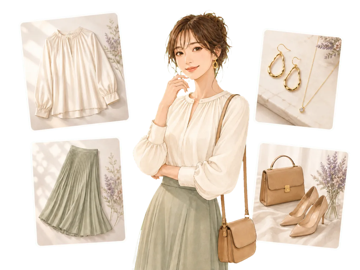 服と小物を楽しむ女性のイラスト